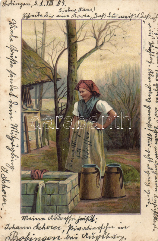 Parasztasszony a kútnál, litho, Peasant woman at the fountain, litho