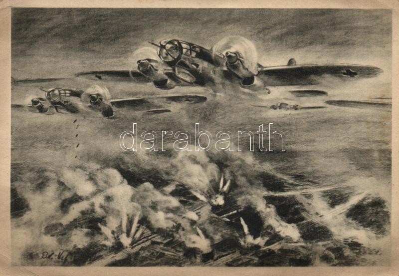 II. világháborús vadászgép támadás közben s: R. Hess, Deutscher Kampfflugzeugverband im Angriff / WWII German Fighter Aircraft in attack s: R. Hess