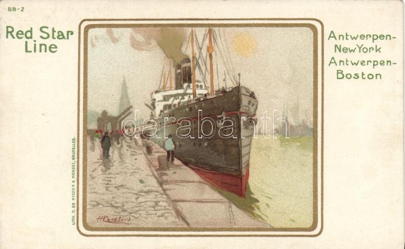Red Star Line; Antwerpen-New York, Antwerpen-Boston ocean liner ship, O. de Rycker &amp; Mendel BB-1. litho s: H. Cassiers