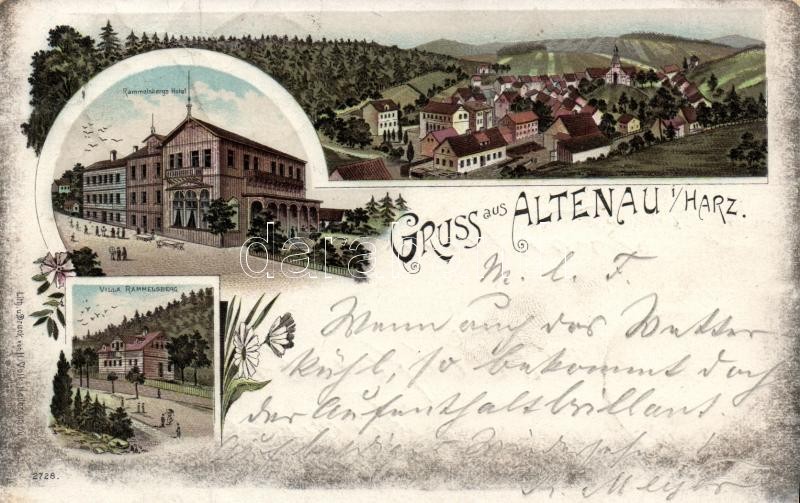1897 Altenau im Harz, Rammelsbergs Hotel and Villa, floral litho