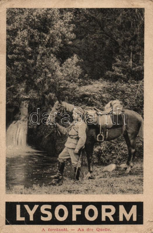 At the stream, WWI Hungarian military card, soldier with horse, Lysoform advertisement on the backside (pinhole), A forrásnál, I. világháborús katonai lap, katona lóval, hátoldalon Lysoform reklám (lyuk)