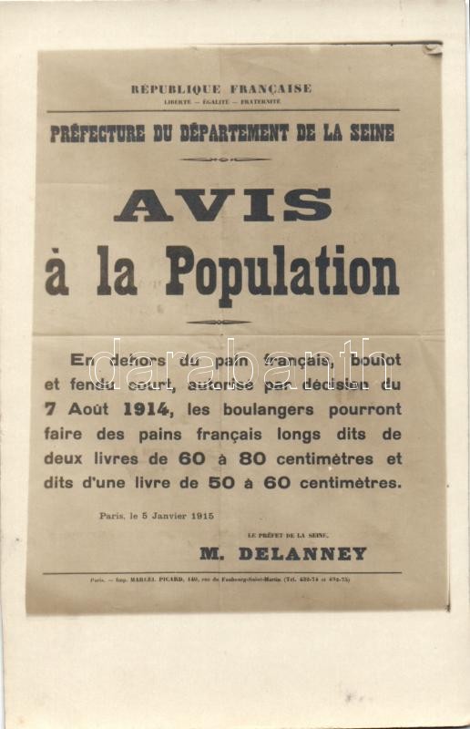 1916 Francia első világháborús politikai propaganda,  M. Delanney, 1916  Avis a la population / WWI political propaganda notice to the population by M. Delanney