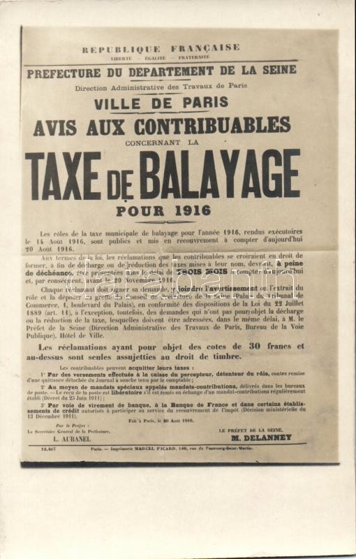1916 Taxe de Balayage / Sweeping tax, WWI French political propaganda; M. Delanney, 1916  Első világháborús francia politikai propaganda, Seprű adó