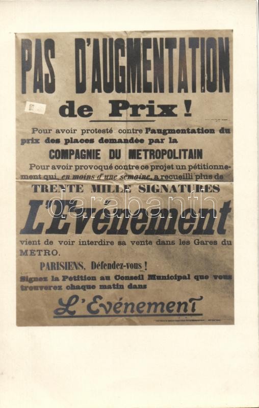 Pas d'Augmentation de Prix! / No Price Increase!; WWI French political propaganda; Evénement, Első világháborús politikai propaganda, nincs áremelkedés
