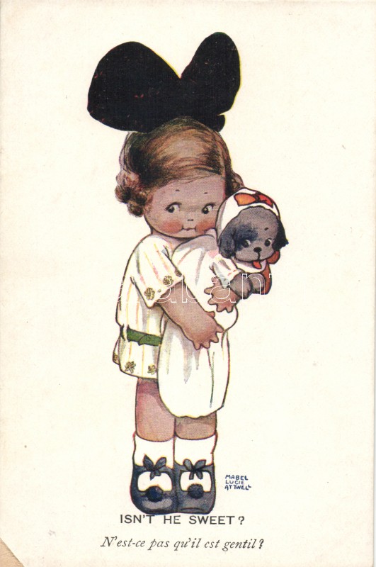 'Isn't he sweet?' Girl with dog, Valentine's Attwell Series 4810. s: Mabel Lucie Attwell, 'Hát nem édes?' Kislány kutyával, Valentine's Attwell Series 4810. s: Mabel Lucie Attwell