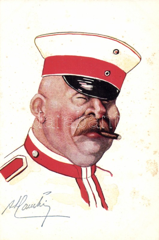 Első világháborús lap, német ellenes propaganda, szignós, Anti-German propaganda, the type Boche, artist signed