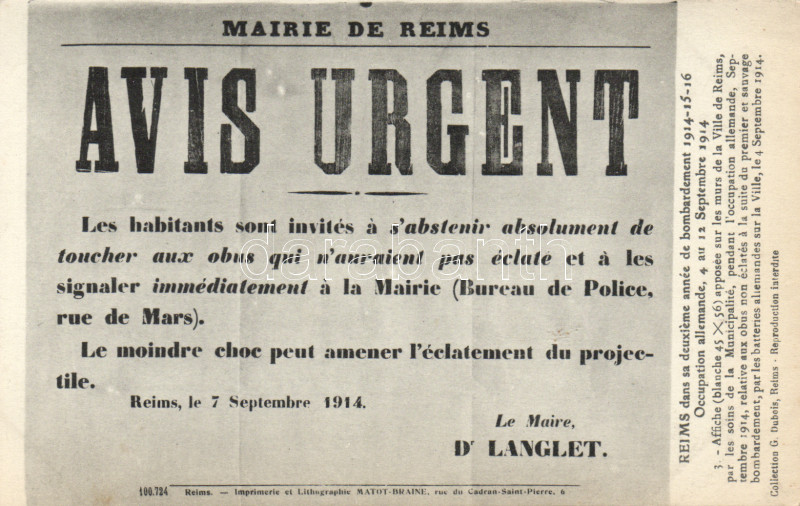 1914 Első világháborús francia katonai sürgős felhívás az érintetlen lőszerekről, propaganda, 1914 Mairie de Remis, Avis urgent / WWI French military urgent notice about untouched ammunition;  D' Langlet propaganda