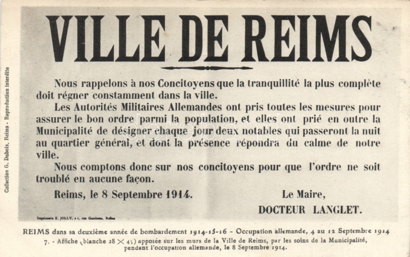 1914 Reims, Első világháborús francia katonai felhívás, propaganda, 1914 Ville de Reims / WWI French military notice; Docteur Langlet propaganda