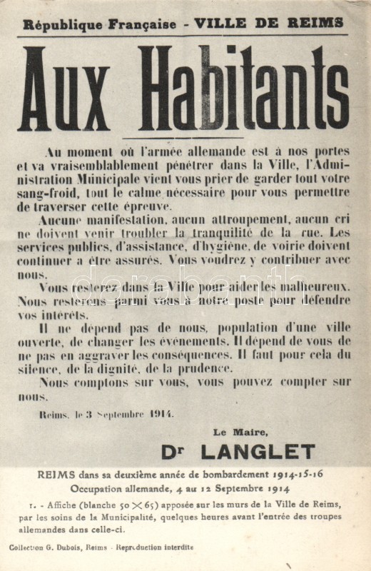 1914 Republique Francaise, Ville de Reims; Aux Habitants / WWI French military, newspaper article, propaganda, Első világháborús francia katonai lap, újság