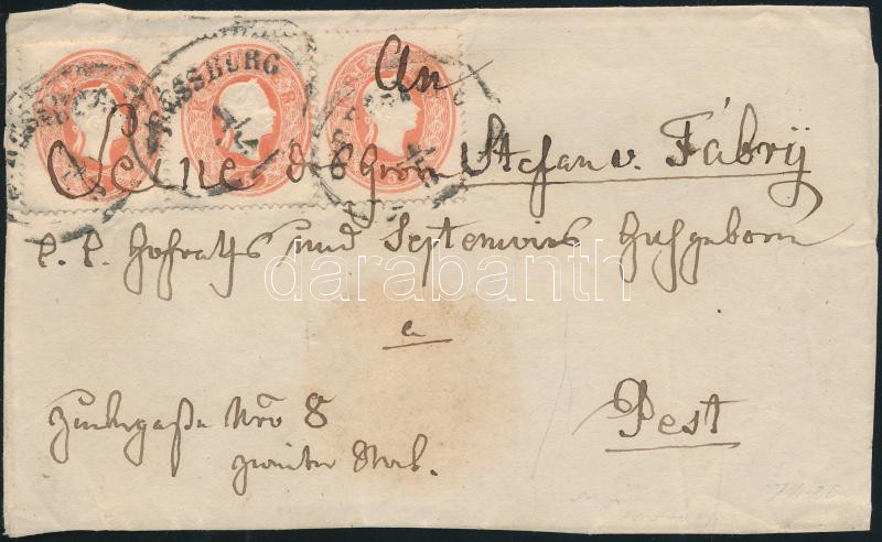 3 x 15kr on cover front, 3 x 5kr távolsági 3. zónás &quot;PRESSBURG&quot; Pestre