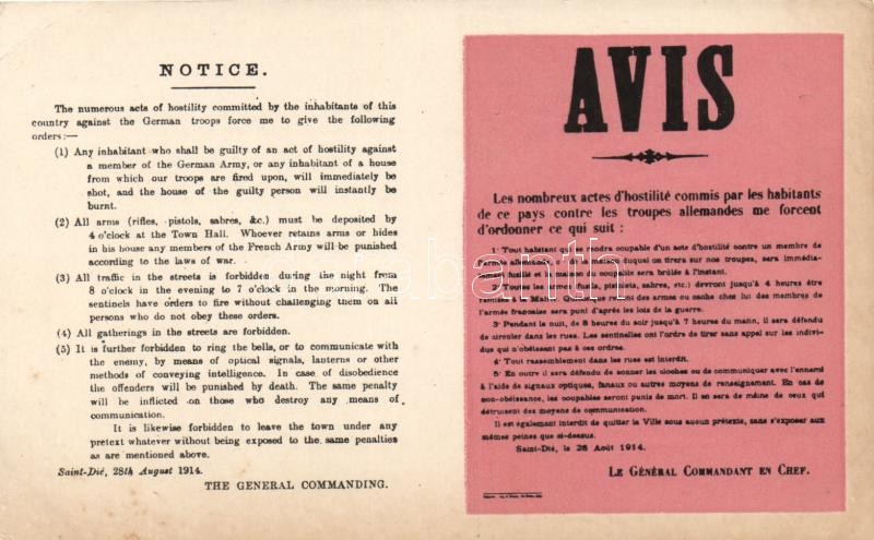 1914 Avis / WWI military notice from Saint-Dié by the General Commanding, German propaganda against French, Első világháborús katonai értesítés, német propaganda a franciákkal szemben