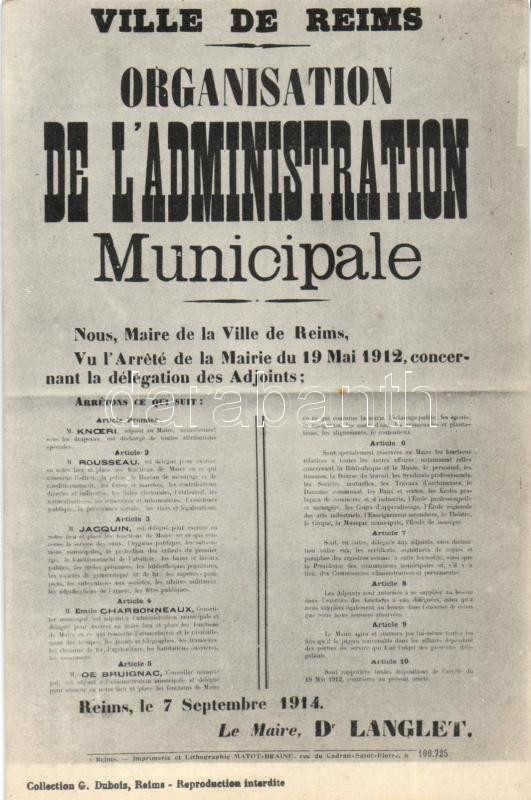 1914 Első világháborús francia katonai újságcikk, propaganda, 1914 Ville de Reims, Organisation De l'Administration Municipale / WWI military French newspaper article, propaganda