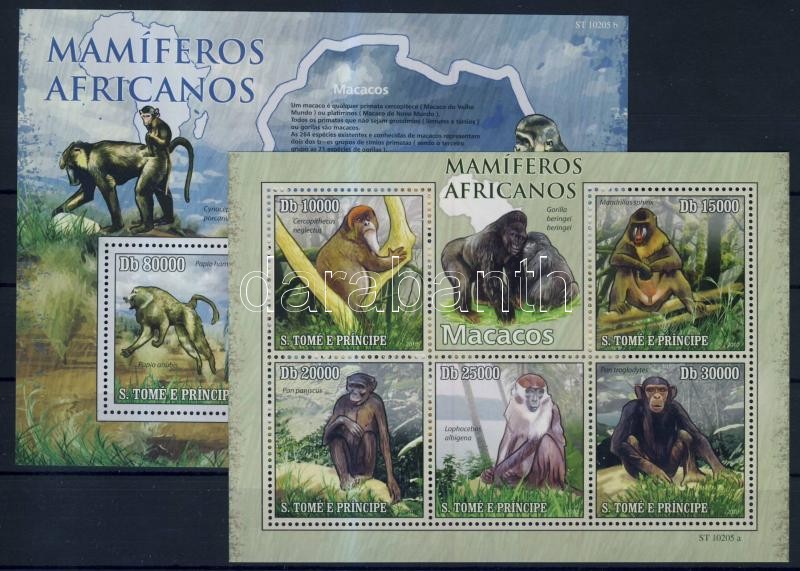 Emlősök, majmok kisív + blokk, Mammals, monkies mini-sheet + block
