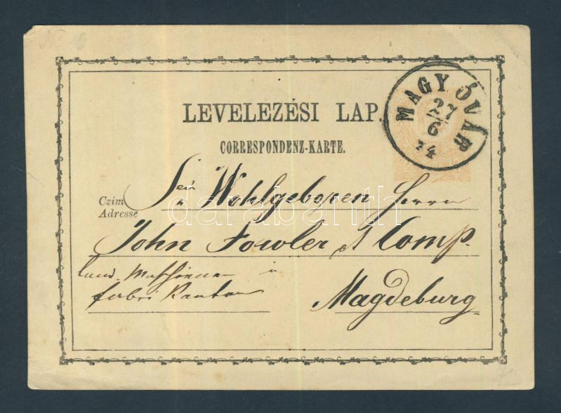 PS-card 2kr "MAGY.ÓVÁR" - Magdeburg, díjjegyes levelezőlap 2kr "MAGY.ÓVÁR" - Magdeburg