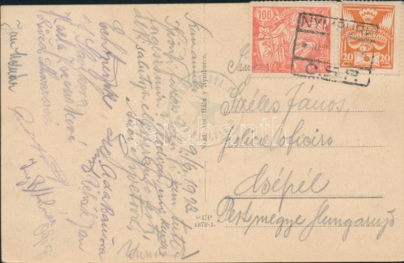 Nymburk képeslap Eszperanto levélzáróval és bélyegzéssel Csepelre, Nymburk postcard with Esperanto seal and cancellation to Csepel