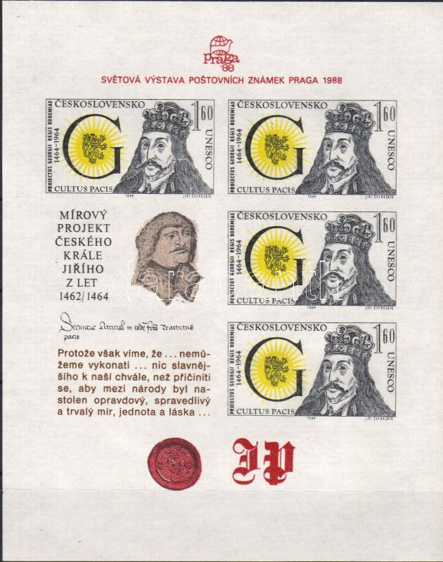 Prague Stamp Exhibition King George bock, Prágai bélyegkiállítás György király blokk