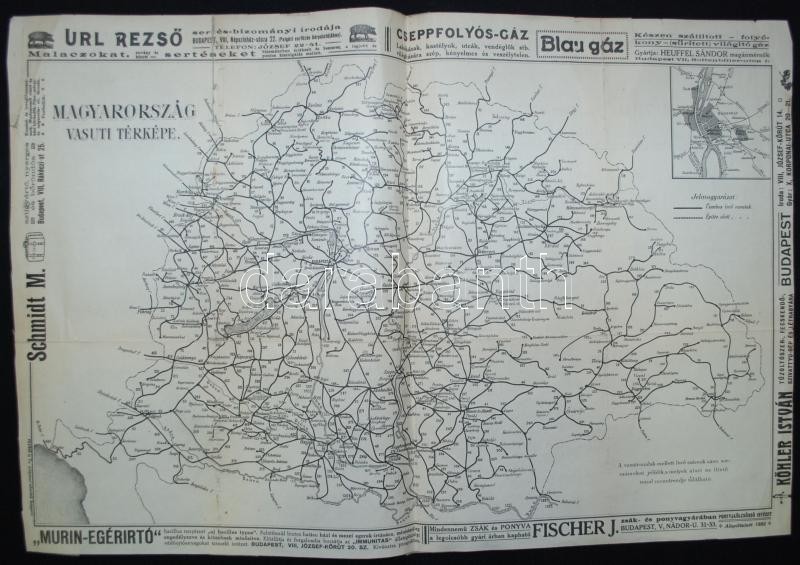 Cca 1910 Magyarország Vasuti Térképe 30×46 Cm Hátul Ragasztott Darabanth Kft 6549