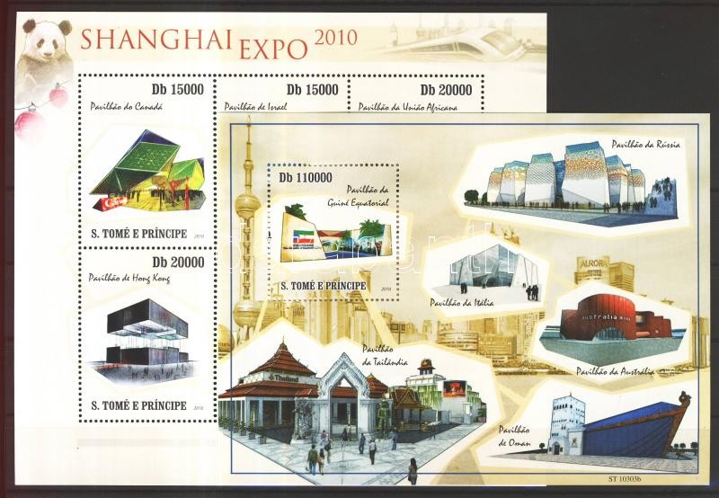 Shanghai EXPO Exhibition pavilions mini sheet + block, Shanghai EXPO kiállítási pavilonok kisív + blokk
