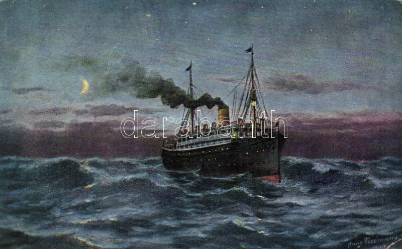 Steamship, artist signed, Gőzhajó, szignós