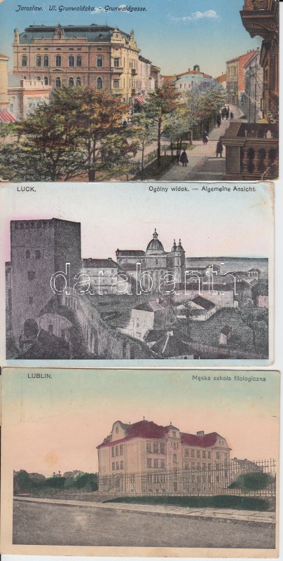 3 old postcards, Polish towns, 3 db régi, lengyelországi városképes lap