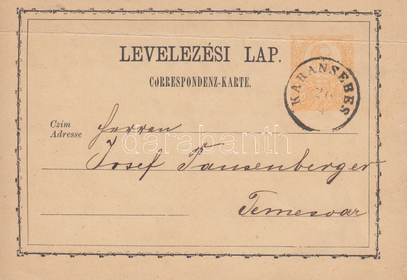 2kr PS-card "KARÁNSEBES" - Timisoara, 2kr díjjegyes levelezőlap "KARÁNSEBES" - Temesvár