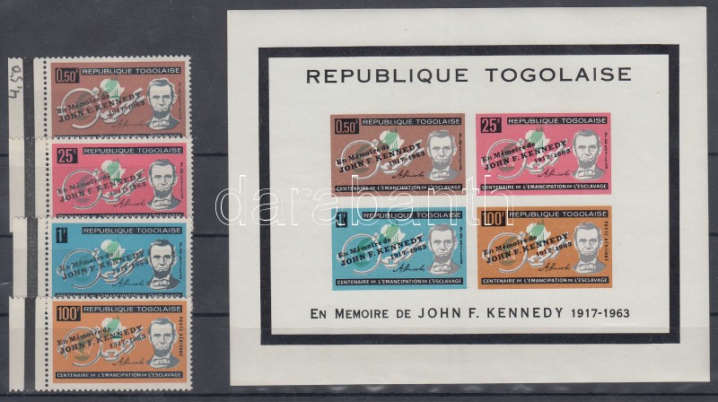 President John F. Kennedy set with overprint + block, John F. Kennedy elnök felülnyomással sor + blokk