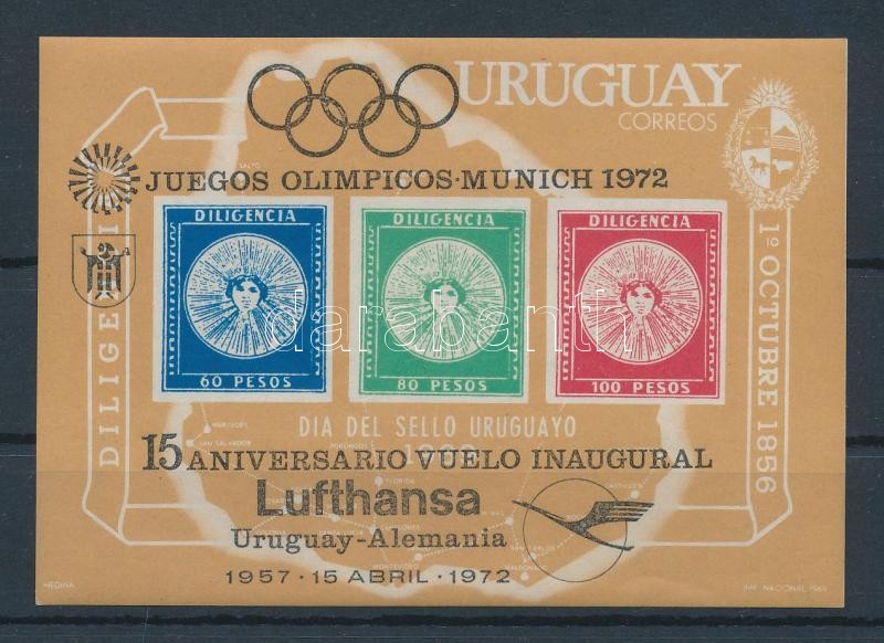 15 éves az Uruguay-Németország Lufthansa-vonal felülnyomott blokk, 15th anniversary of the Uruguay-Germany Lufthansa-line overprinted block