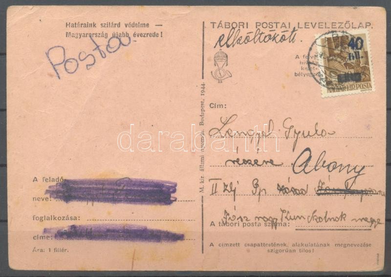 Abony Hadvezérek 40f/10f távolsági levelezőlapon Jászfényszarura, &quot;elköltözött&quot; jelzéssel visszaküldve. A bélyeg 100 példányban készült, küldeményen néhány példány létezhet.Certificate: Bodor, Visnyovszki, 40f/10f on postcard to Jászfényszarú, returned. Issue of the stamp: 100 pcs, a few covers can exist. Certificate: Bodor, Visnyovszki