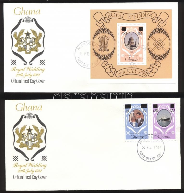 Charles and Diana's wedding overprinted stamps + block FDC, Károly és Diana esküvője felülnyomott bélyegek + blokk FDC