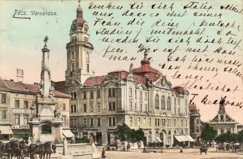 Pécs, Városháza, Szentháromság szobor, férfi szabó, Weidinger üzlete, Magyar-Francia üzlet