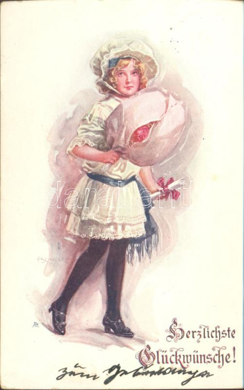 Greeting card, girl with flower, artist signed, Üdvözlőlap, lány virággal, művész aláírásával