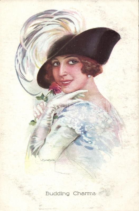 Olasz művészlap, hölgy kalappal s: Usabal, Italian art postcard, lady with hat s: Usabal