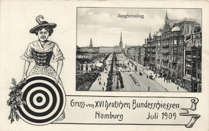 1909 Hamburg, Jungfernstieg, XVI Deutschen Bundesschiessen / promenade, 16th German shooting festival, hunter lady, target table