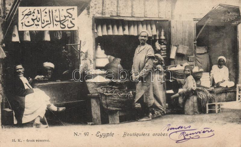 Egypte, Boutiquiers arabes / Arabian bazaar from Egypt, folklore, Egyiptomi arab bazár, folklór