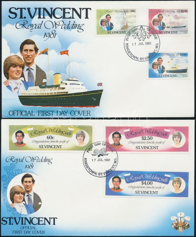 Prince Charles and Lady Diana Spencer's wedding set + block on 3 FDC, Károly herceg és Lady Diana Spencer esküvője sor + blokk 3 db FDC-n