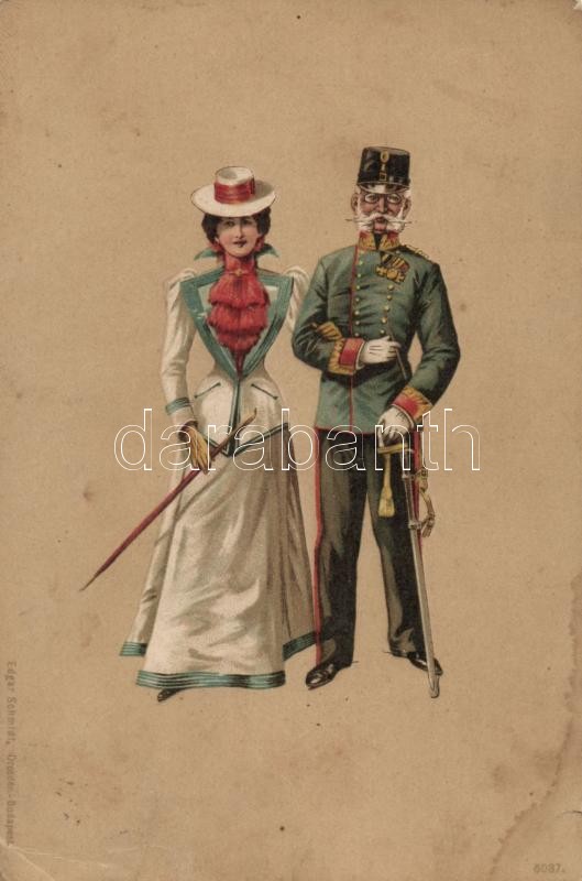 Military life, old officer with young lady, Katonaélet, idős katonatiszt fiatal hölggyel