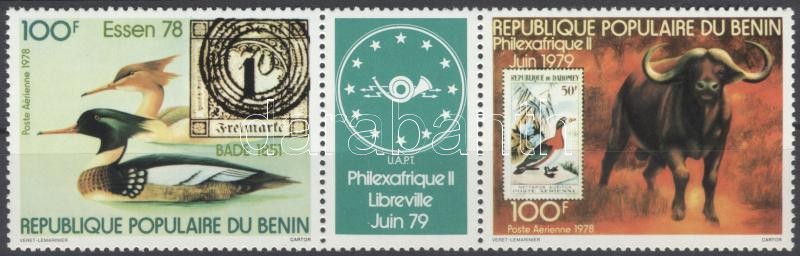 Stamp Exhibition set stripe of 3 with coupon, Bélyegkiállítás sor szelvényes hármas csíkban