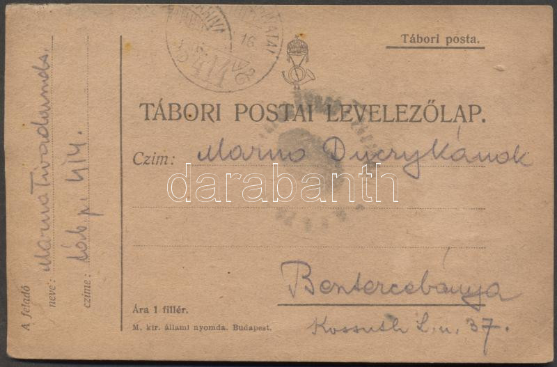 Military and field post, Postcard "TP 414" - Besztercebánya, Katonai és tábori posta; Levelezőlap "TP 414" - Besztercebánya