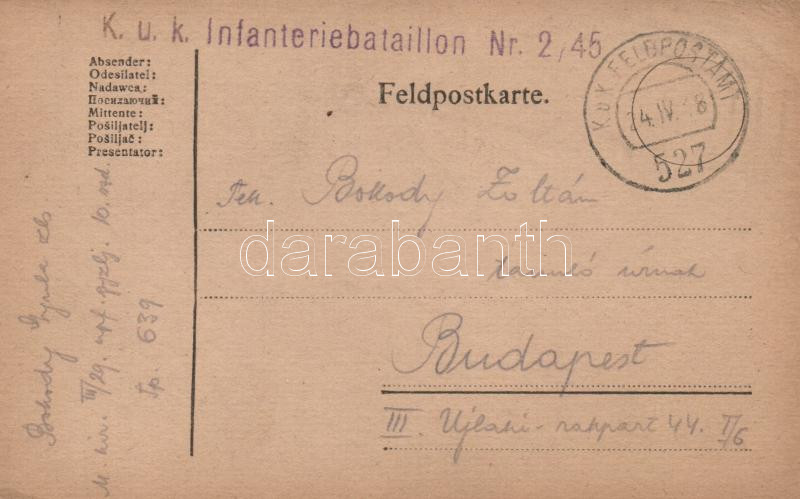 Military and field post, Postcard "K.u.k. Infanteriebataillon Nr. 2/45." "FP 527", Katonai és tábori posta; Levelezőlap "K.u.k. Infanteriebataillon Nr. 2/45." "FP 527"