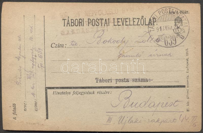 Military and field post, Postcard "TP 639B", Katonai és tábori posta; Levelezőlap "TP 639B"