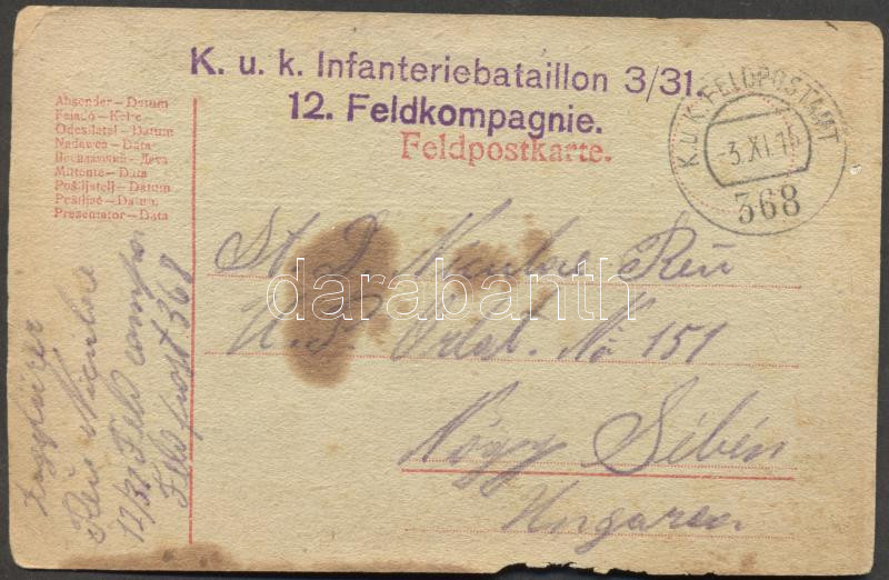 Postcard "K.u.k. Infanteriebataillon 3/31. 12. Feldkompagnie." "FP 368", Levelezőlap "K.u.k. Infanteriebataillon 3/31. 12. Feldkompagnie." "FP 368"