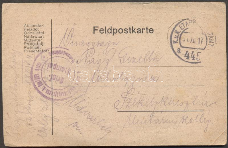 Military and field post, Postcard "EP 445a" - Székelykeresztúr, Katonai és tábori posta; Levelezőlap "EP 445a" - Székelykeresztúr