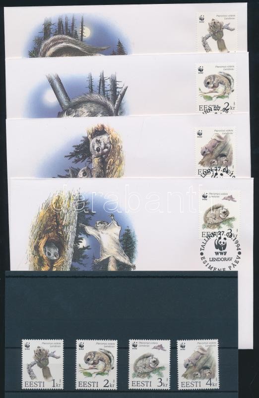 WWF: Repülő mókus sor + 4 FDC (egyik boríték hátán pici hiba), WWF: Flying Squirrel set + 4 FDCs (small crease on one of the envelopes)