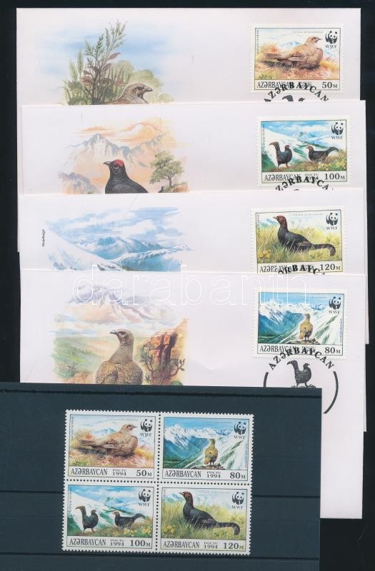 WWF: Caucasian black grouse block of 4 + 4 FDCs (small crease on one of the envelopes), WWF: Kaukázusi nyírfajd négyestömb + 4 FDC (egyik boríték hátán pici hiba)