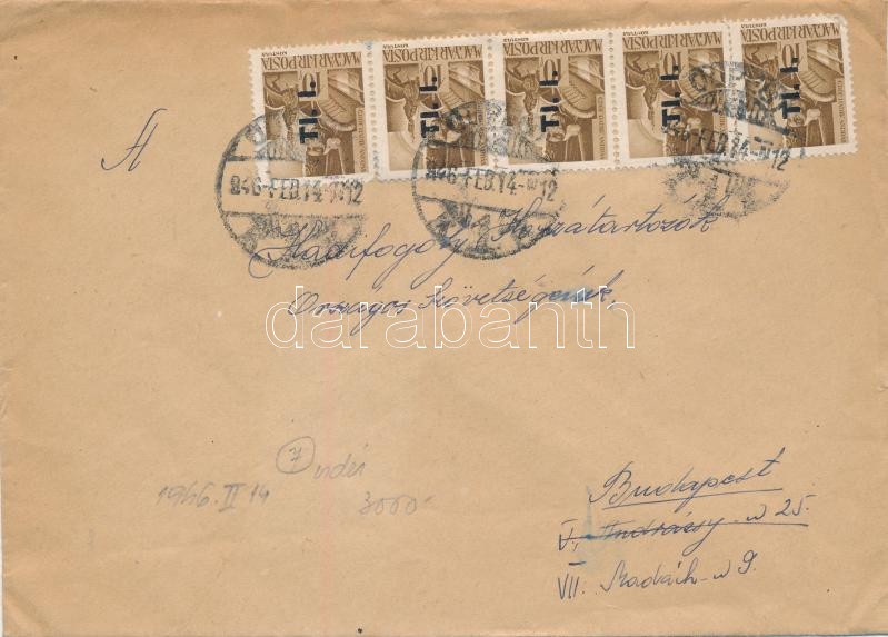 inflation cover franking, (7. díjszabás) Távolsági levél 5x Betűs I. Tl.I./10f bérmentesítéssel