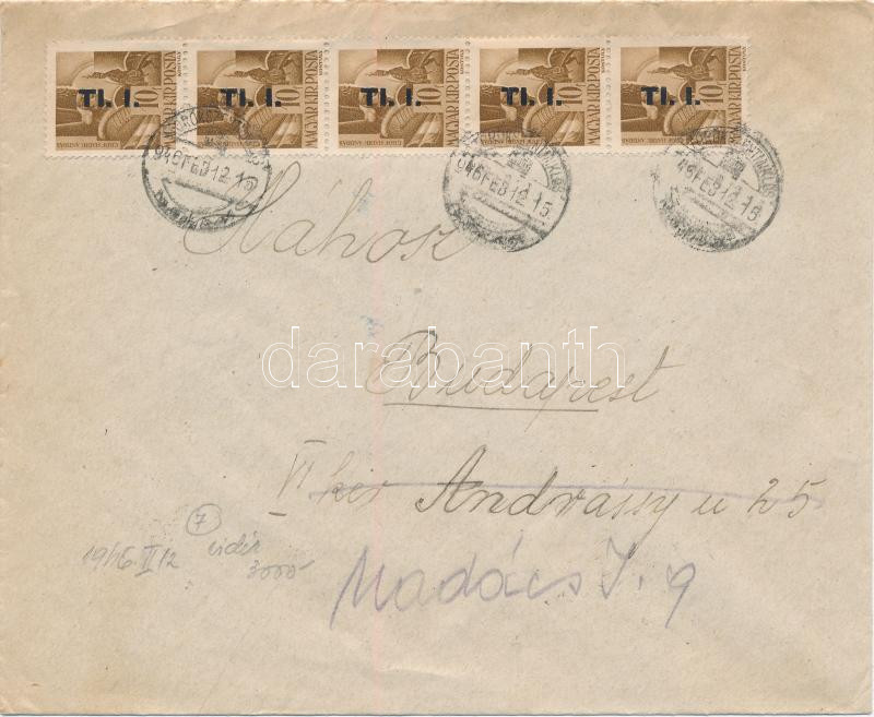 inflation cover franking, (7. díjszabás) Távolsági levél 5x Betűs I. Tl.I./10f bérmentesítéssel