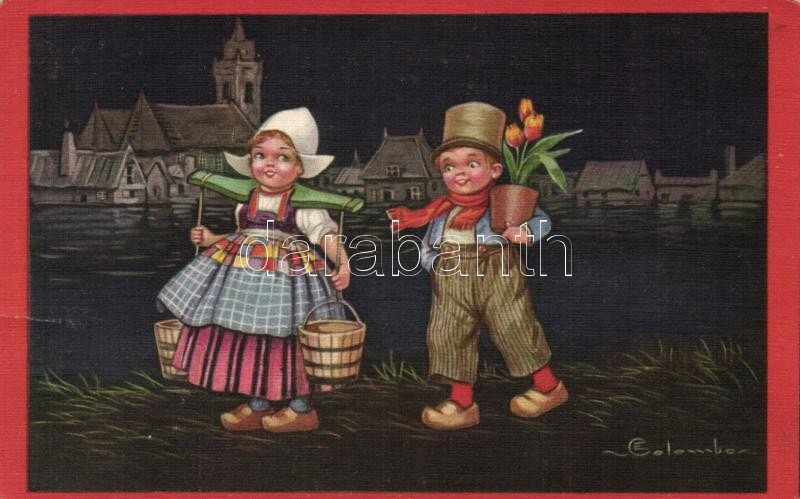 Dutch children, Italian art postcard, Ultra 2250. s: Colombo, Holland gyerekek, olasz művészlap, Ultra 2250. s: Colombo