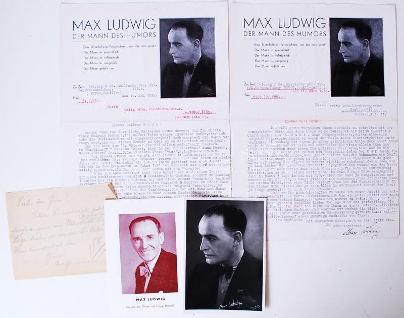 1938 German artists signed business letters and photos, 1938 Max Ludwig német humorista 2 db aláírt levél és 2 fotó