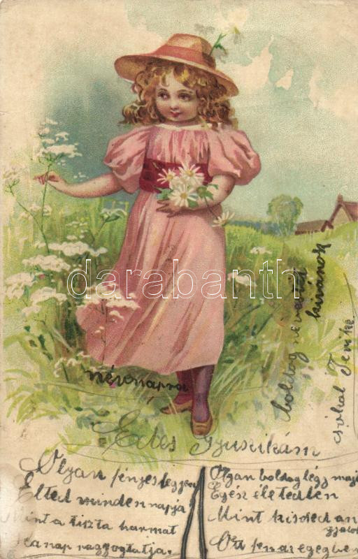 Girl with flowers, litho, Lány virággal, litho