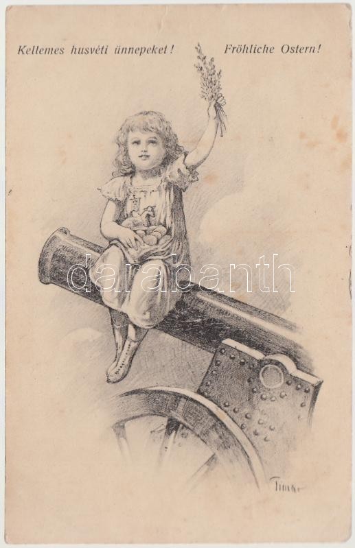 Kellemes húsvéti ünnepeket! I. világháborús képeslap, kislány az ágyún, Military Easter, girl with cannon